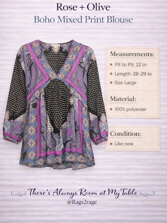 Rose + Olive Boho Paisley Blouse Pink Black Mixed Print Top L - Picture 2 of 6